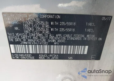 2017 Toyota Rav4 Se z USA, uszkodzony, nr VIN JTMNFREV3HJ141082